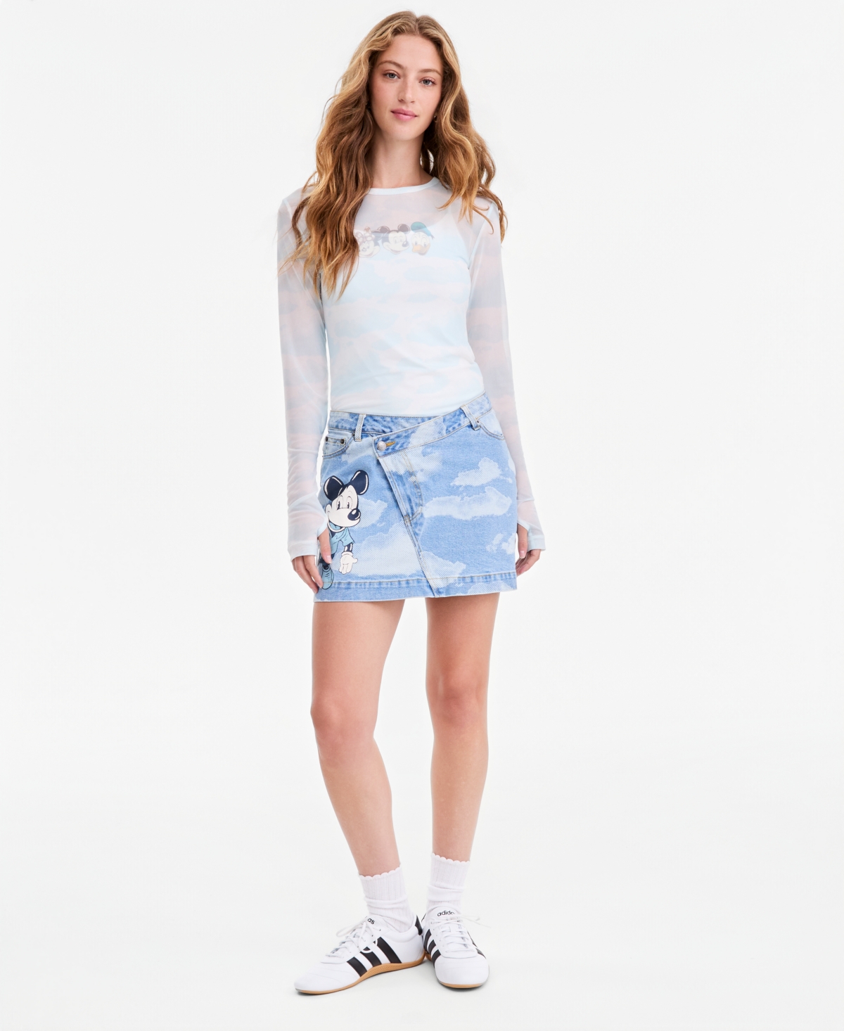 Disney | Macy's Women's Mickey Mouse Parade Balloon Cloud Print Mini Denim Skirt, Exclusive
