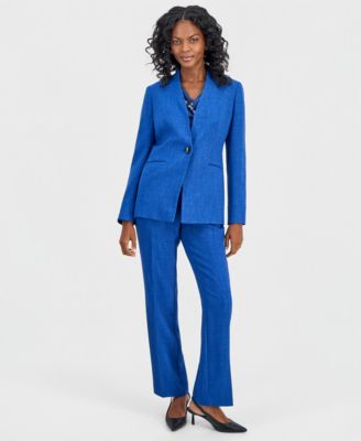 Women's Collarless One-Button Jacket, Printed Cowl-Neck Cap-Sleeve Top & Textured High-Rise Straight Leg Trousers, Regular & Petite