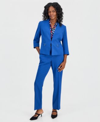 Women's Collarless Zip-Pocket Cuffed-Sleeve Jacket, Printed V-Neck Short-Sleeve Top & Ava Straight Leg Pants