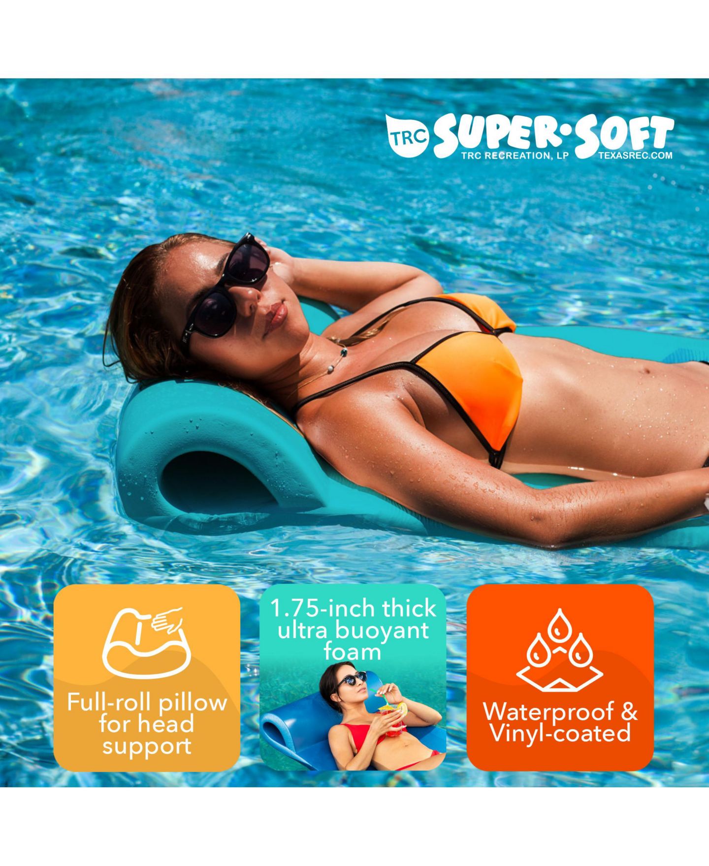 Детская игрушка TRC Recreation Sunsation 1.75" Thick Foam Lounger Raft Pool Float, Tropical Teal — фото 8