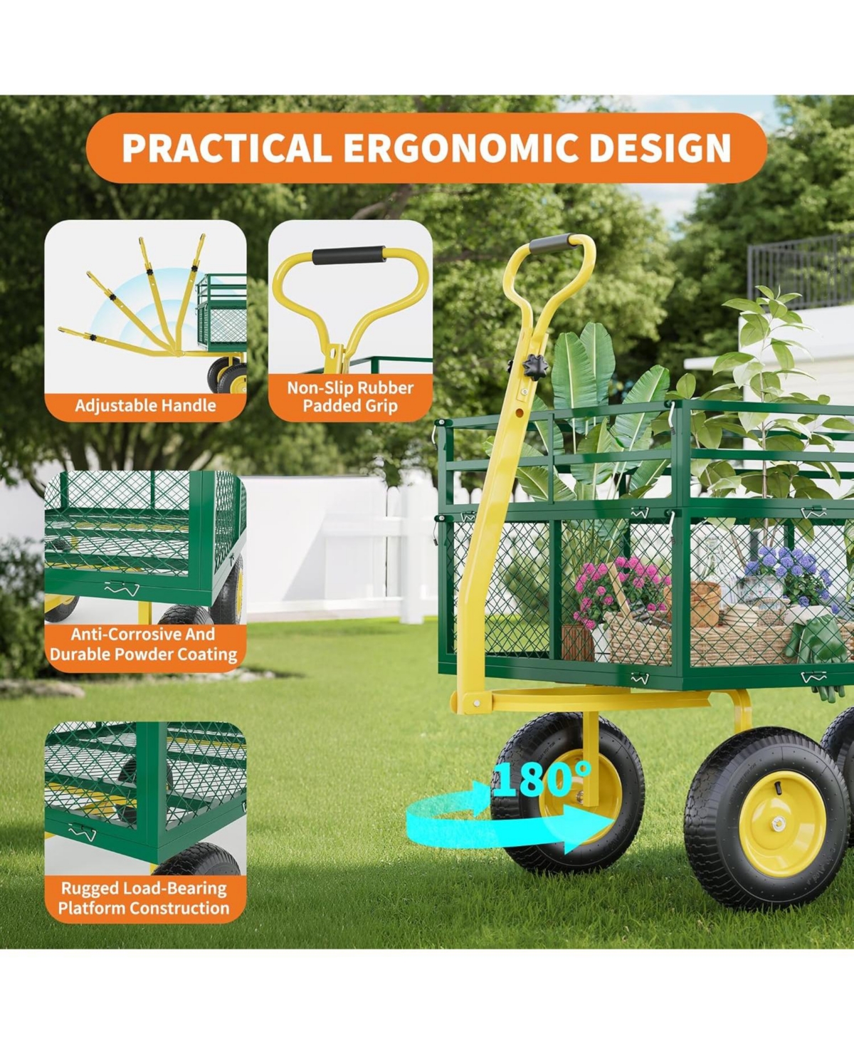 gaomon 1400 Lbs Heavy-Duty Steel Garden Cart 3-in-1 Wagon with 13-Inch All-Terrain Tires Rotating Handle and Removable Mesh Sides for Outdoor
