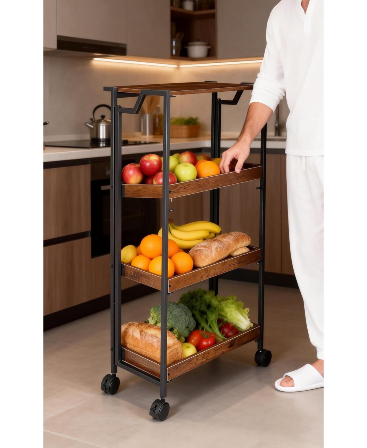 gaomon Large 4-Tier Collapsible Wooden Storage Shelf with Locking Wheels 100 lbs Capacity No Assembly Required Space-Saving Organizer