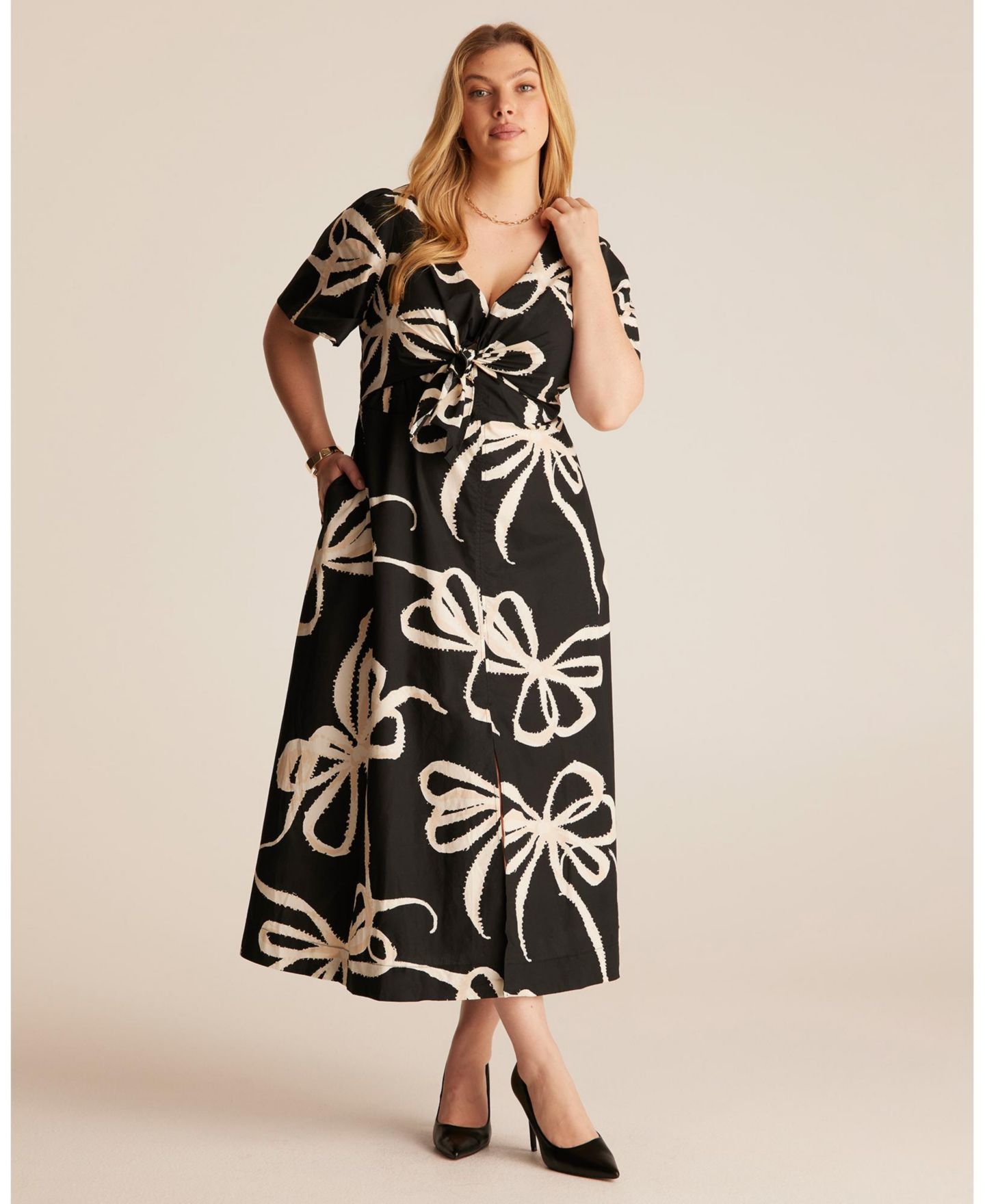 Женское платье ESTELLE Plus Size Nadja Wrap Tie-front Fit Flare Empire Midi, цвет: Бежевый — фото 4