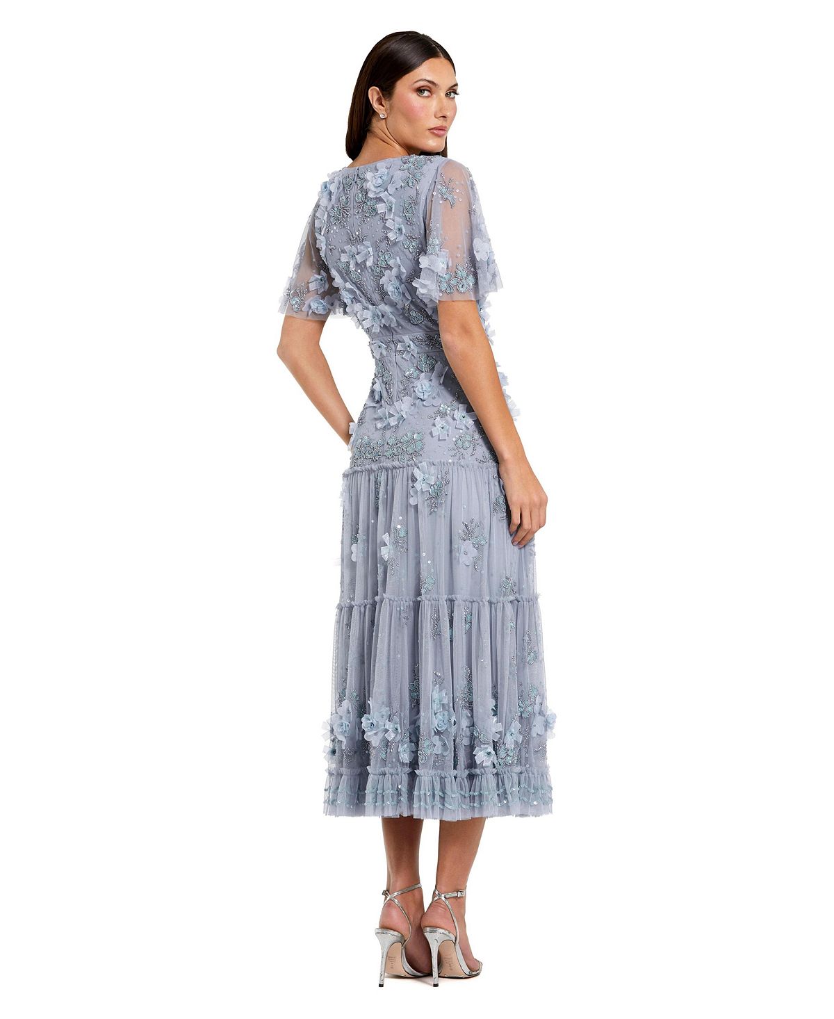 Mac Duggal Women's Floral Applique Embellished Flutter Sleeve Midi Dress view 2 — MAYCSS fashion products