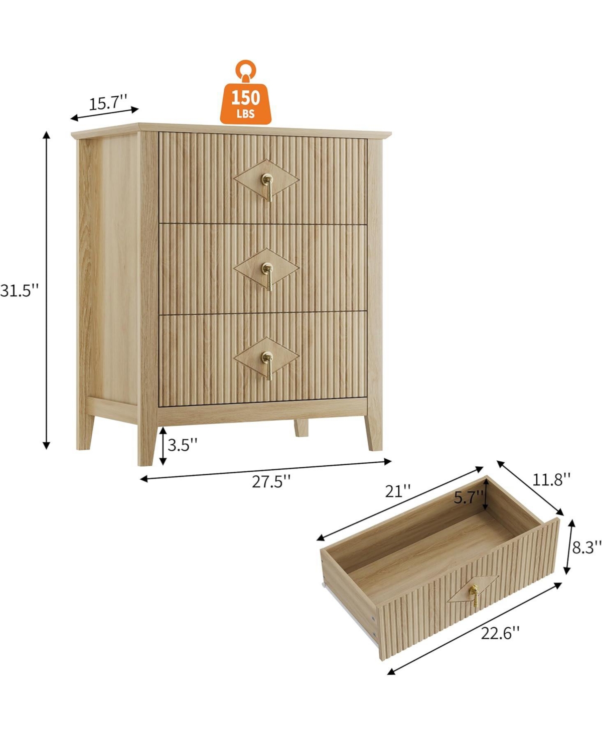 gaomon 27.5" Mid-Century Nightstand Set of 2, 3 Drawer Wood Bedside Table
