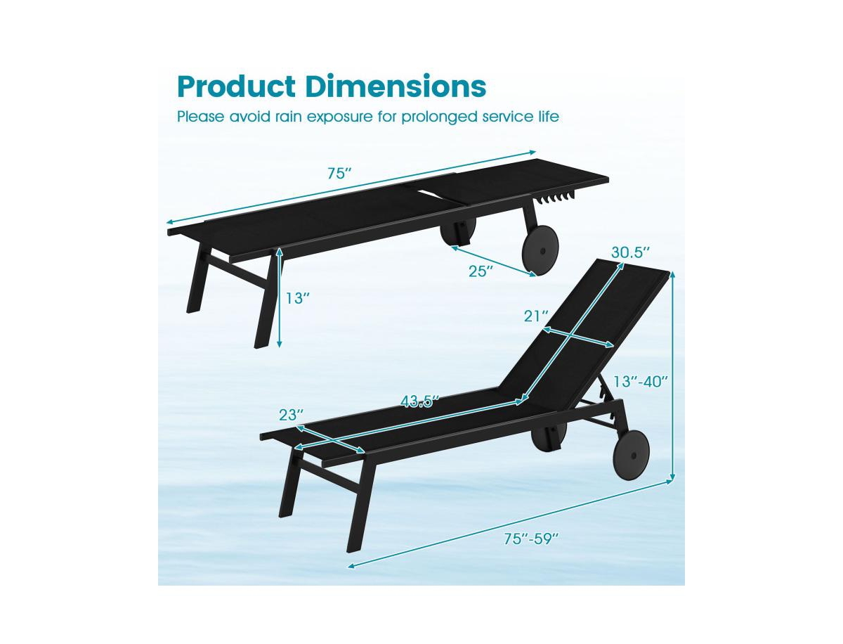Boyel Living Patio Chaise Lounge Chair with Wheels and 6-Level Adjustable Backrest