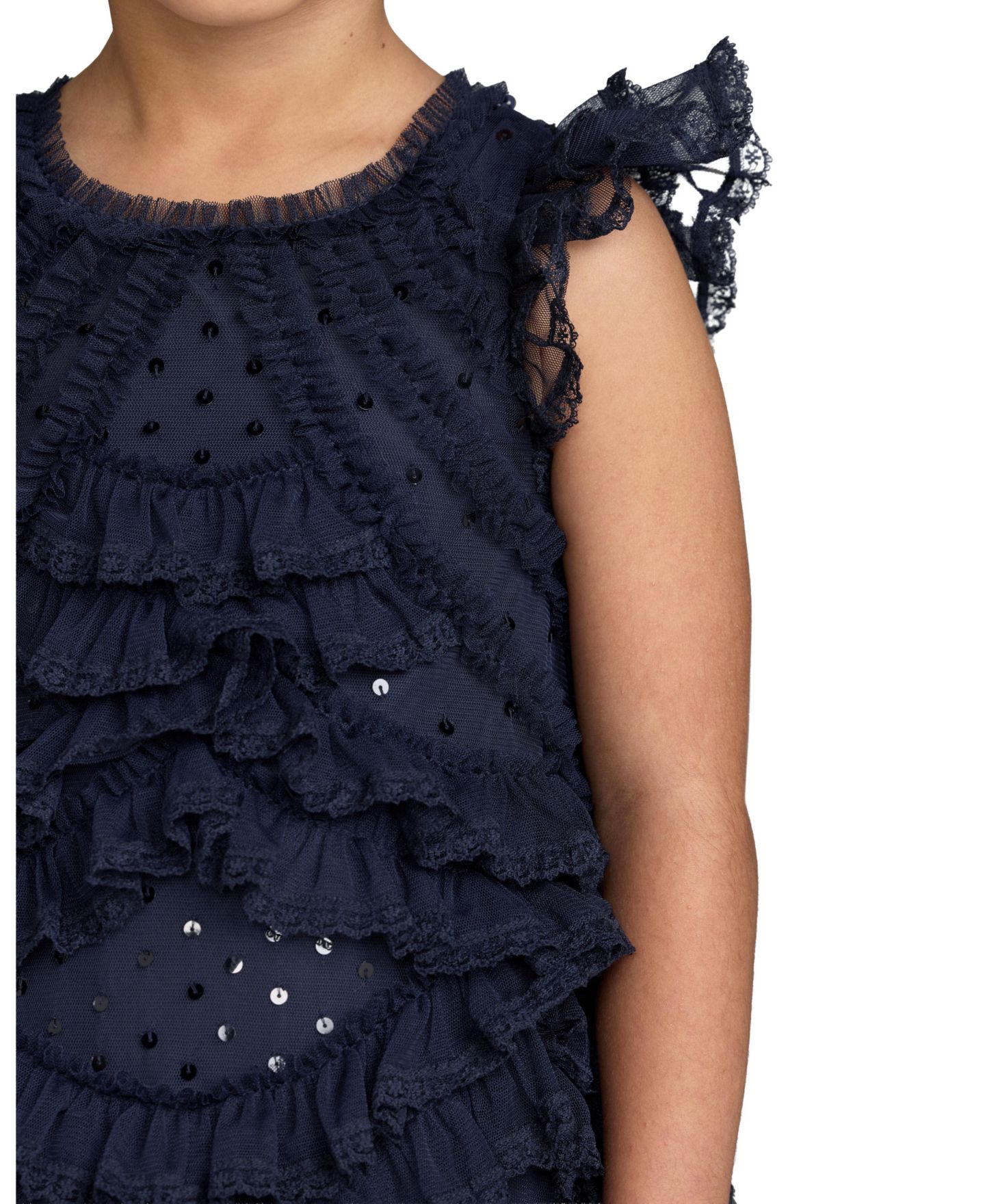 Платье Mac Duggal High Neck Cap Sleeve Micro Ruffle Dress для девочек, цвет: Индиго — фото 3