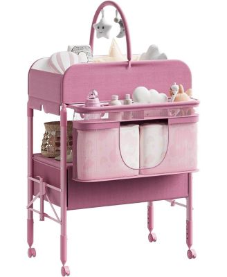 Baby Changing Table, Versatile Folding Changing Table with Wheels and 2 Drawers, Adjustable Height 38-41 in