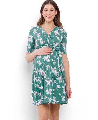 Maternity Floral V Neck Wrap Nursing Dress with Tie Waist