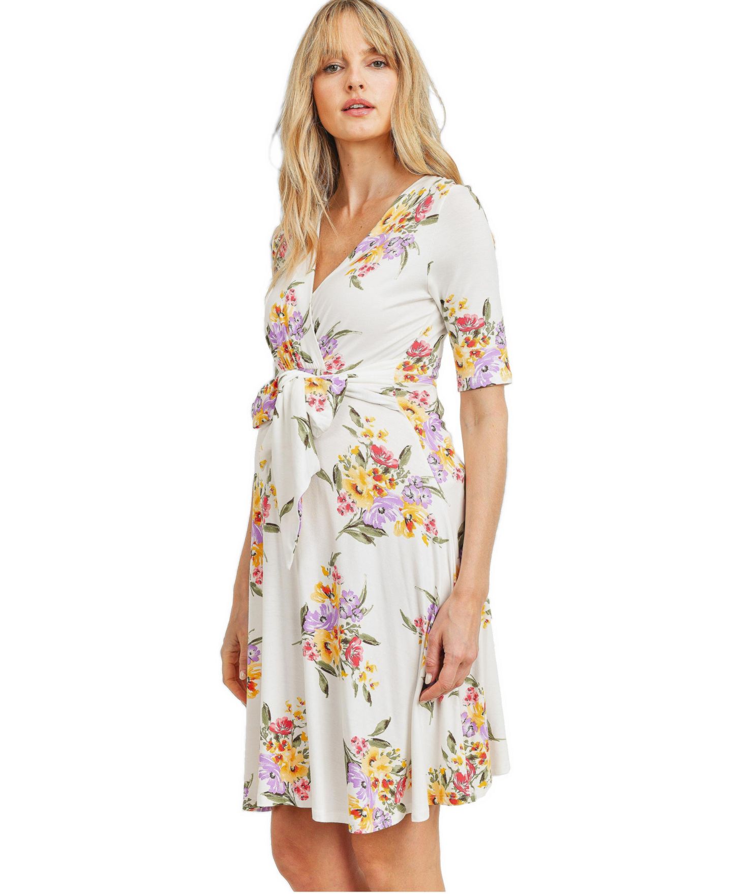 Женское платье Hello Miz Floral Short Sleeve Wrap Nursing Dress with Tie Waist, цвет: Слоновая кость — фото 2