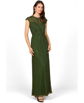 Women's Cap Sleeve, Illusion Neck Beaded Gown