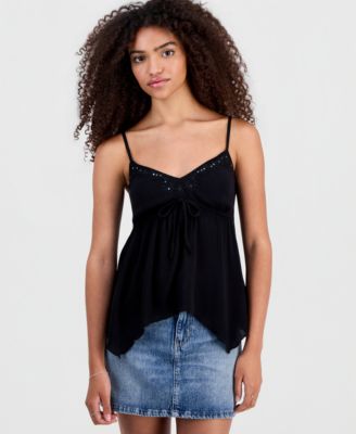 Juniors' Embroidered Handkerchief-Hem Sleeveless Top