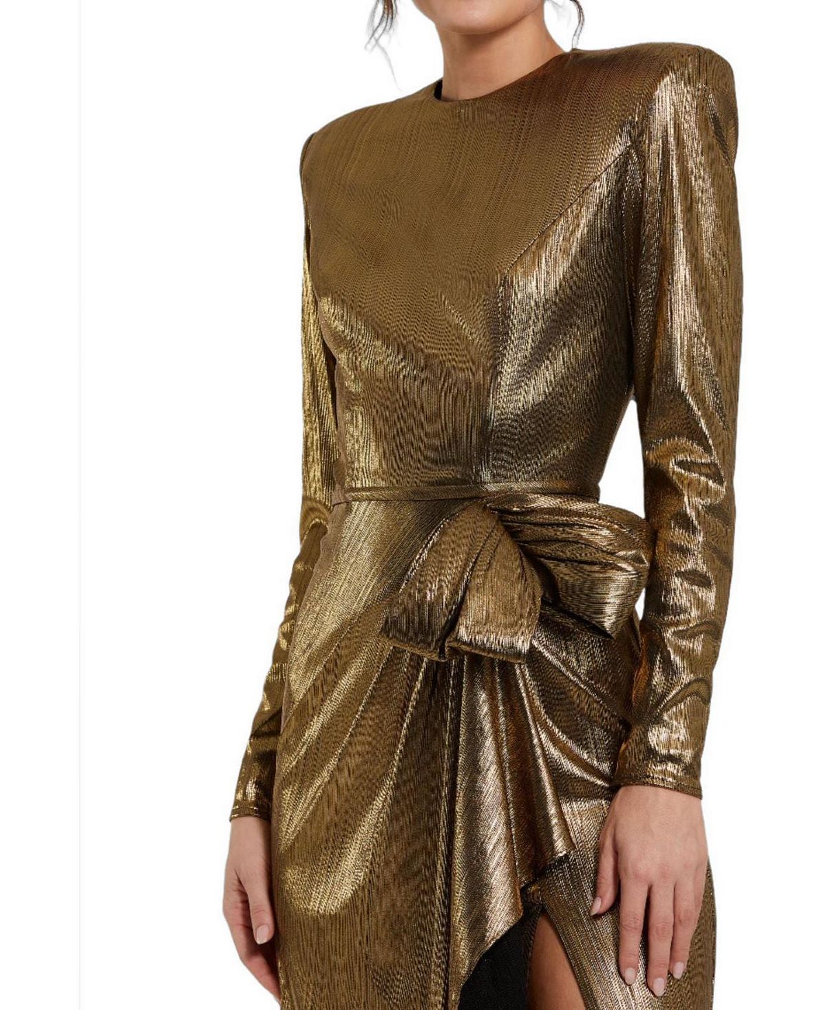 Mac Duggal Petite Metallic Long Sleeve Gown With Bow view 3 — MAYCSS fashion products