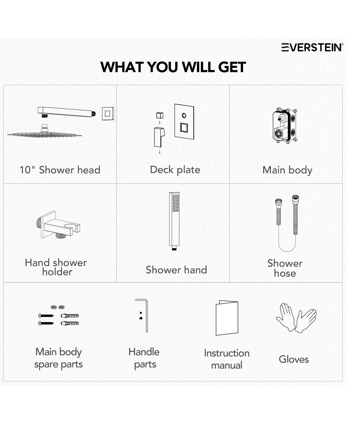 Everstrein 10" Rain Shower Head High Pressure Wall Mount Shower System Bathroom Shower Faucet Set with Handheld Spray Brushed Gold