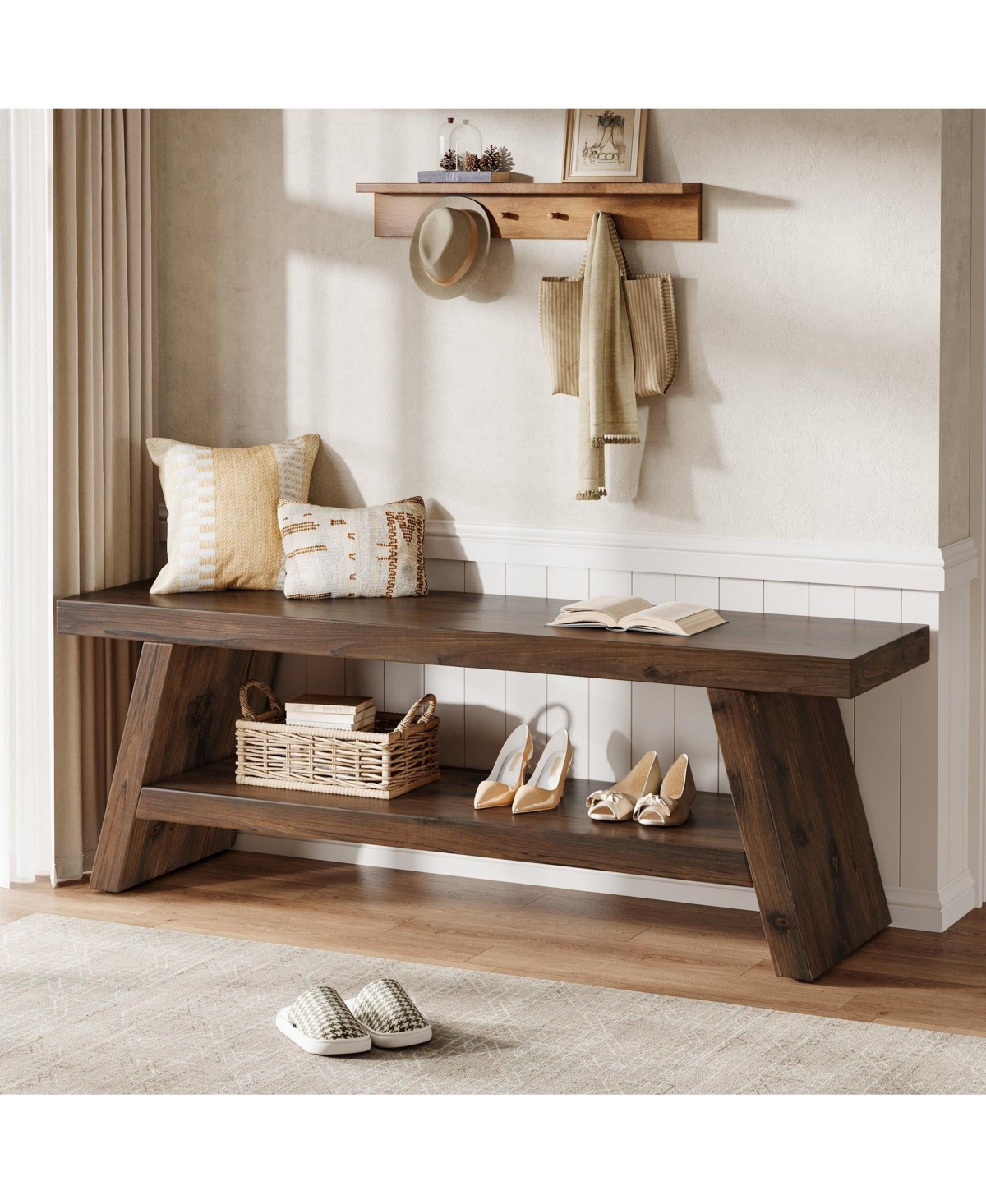 Slickblue Entryway Shoe Bench with 2-Tier Wooden Shelf Design