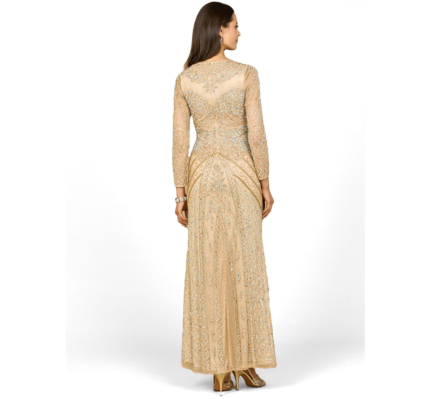 Женские платья Lara Illusion Neck Long Sleeve Beaded Gown, цвет: Телесный / Разноцветный — фото 2
