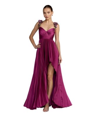 Women's Pleated High-Low Gown with Floral Straps