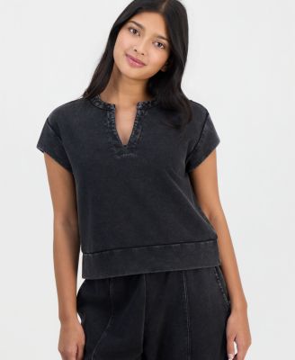 Petite French Terry Split-Neck Cap-Sleeve Top