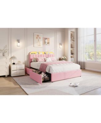 Bed Frame with Storage Headboard, Kids Bed Frame with 2 Drawers, Velvet Upholstered Platform Bed Frame with Lights, No Box Spring Needed