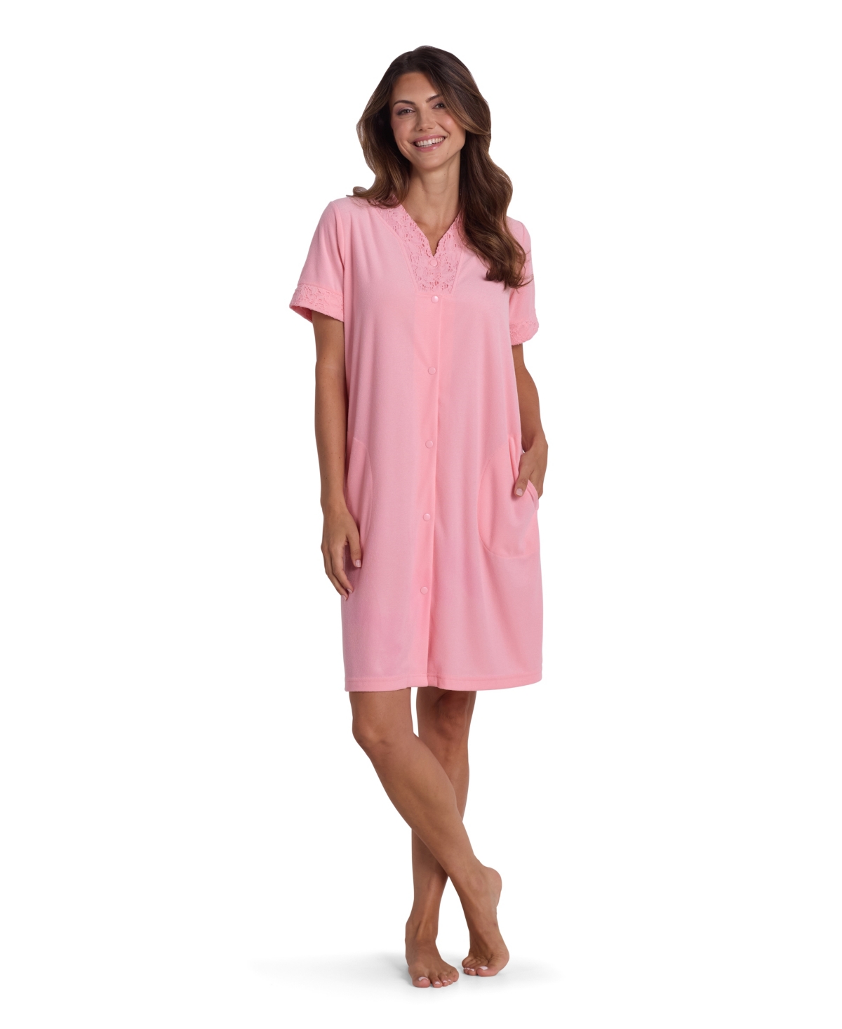 Miss Elaine Women's Short-Sleeve Solid Short Grip Robe - Coral