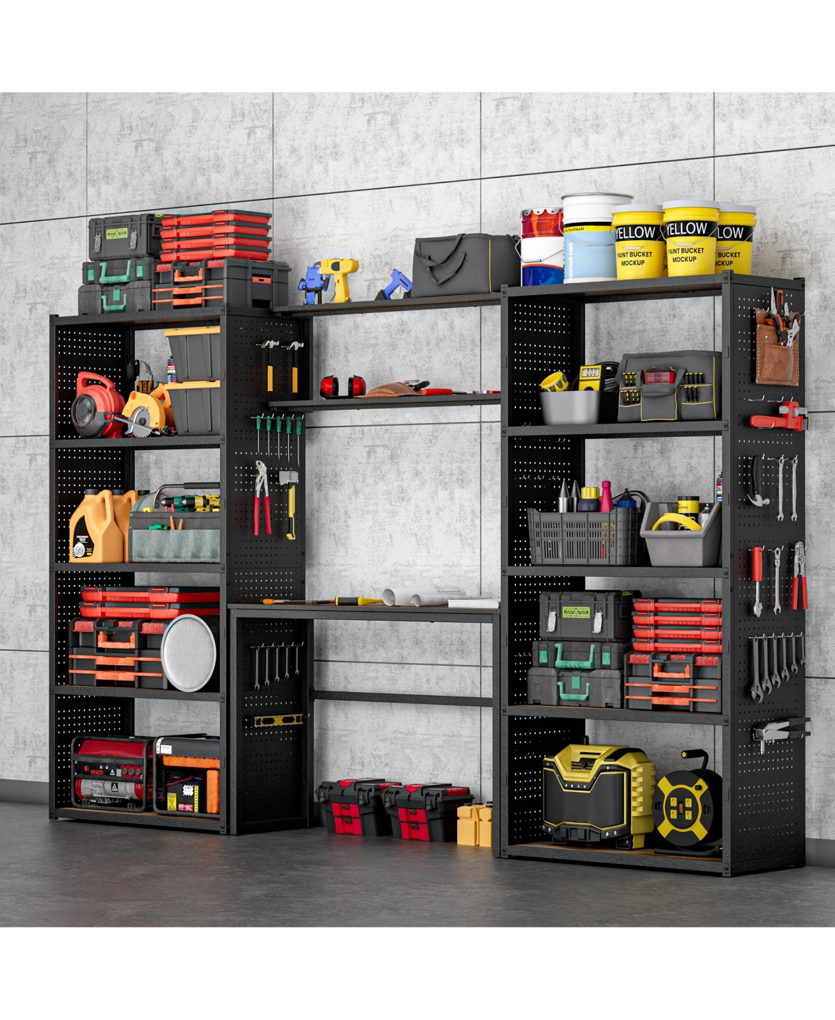 Heavy-Duty Garage Storage and Workstation System with Side Pegboards