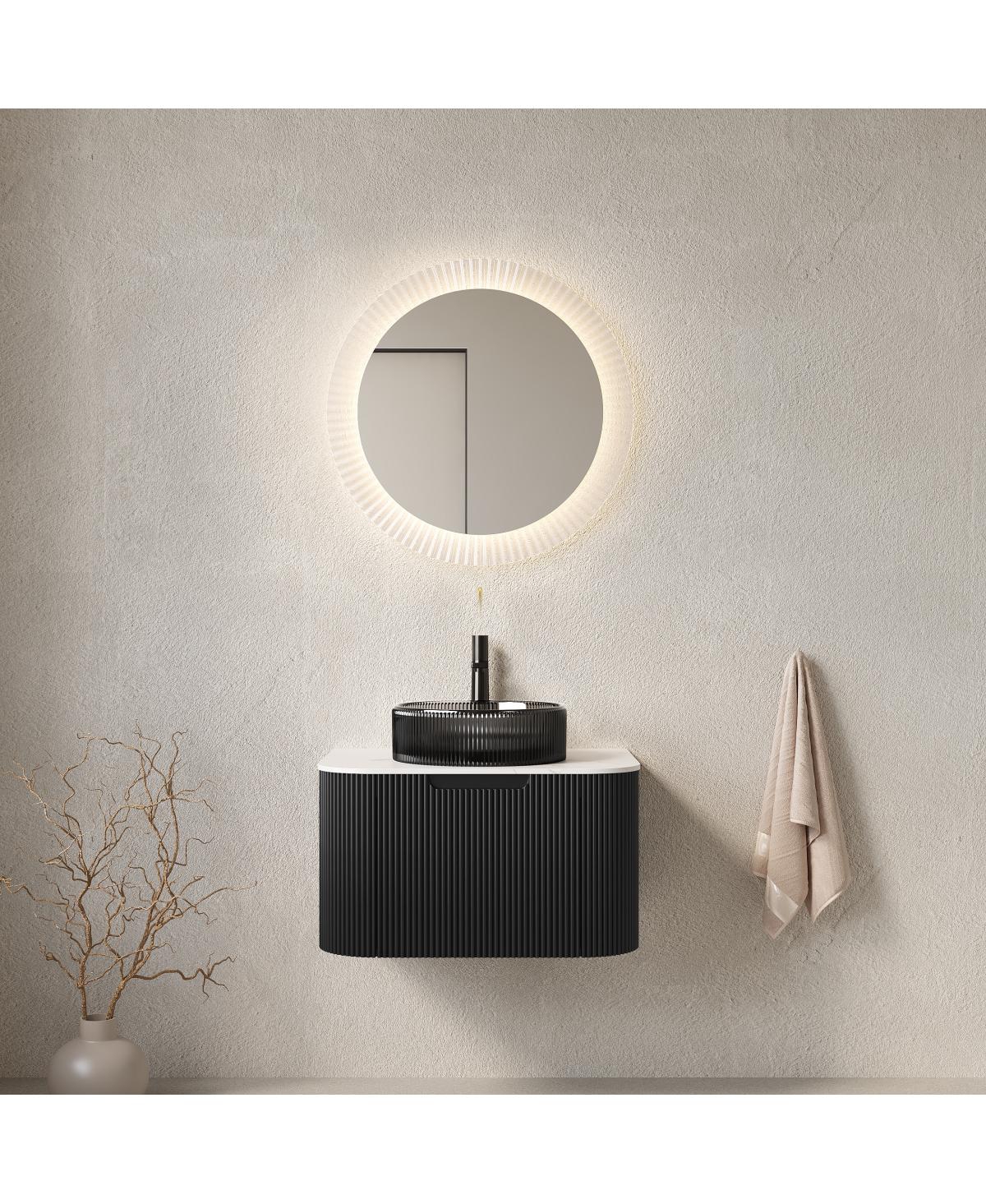 Sillysis Wall Mounted Bathroom Vanity with Glass Vessel Sink, 3D Stripe Plywood Cabinet, Soft Close Drawer