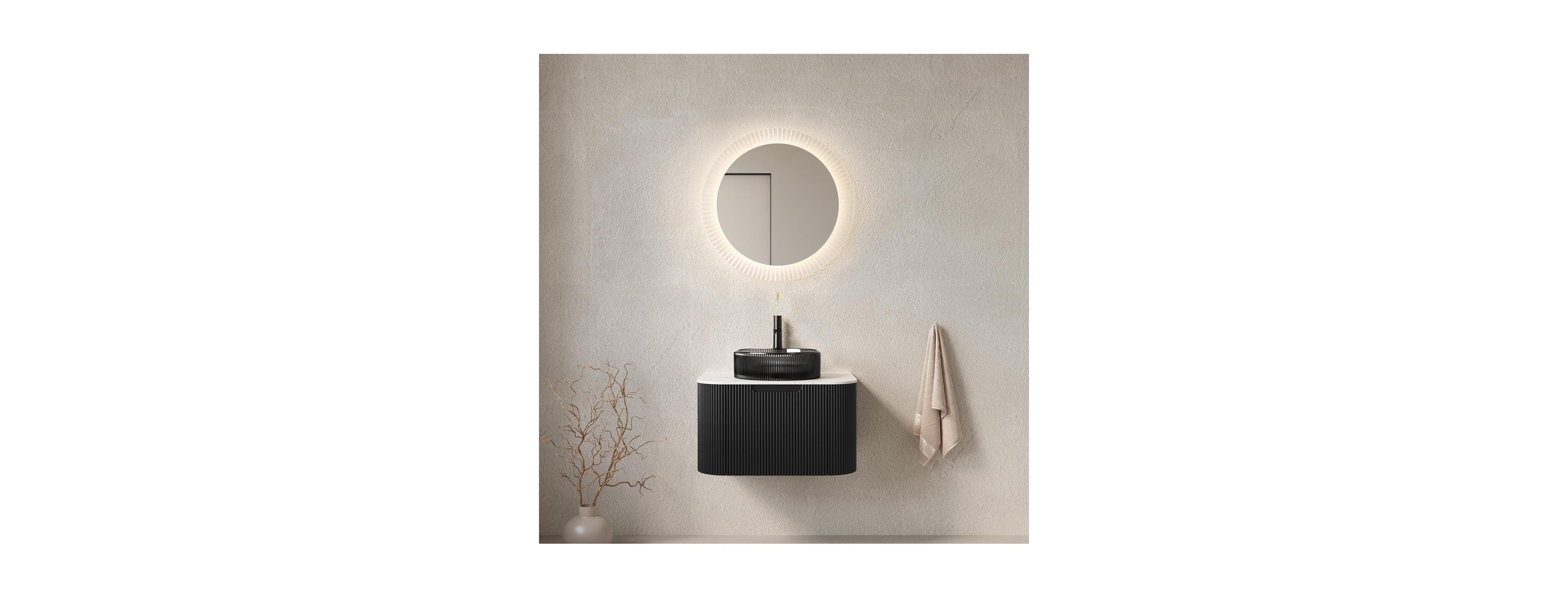 Sillysis Wall Mounted Bathroom Vanity with Glass Vessel Sink, 3D Stripe Plywood Cabinet, Soft Close Drawer