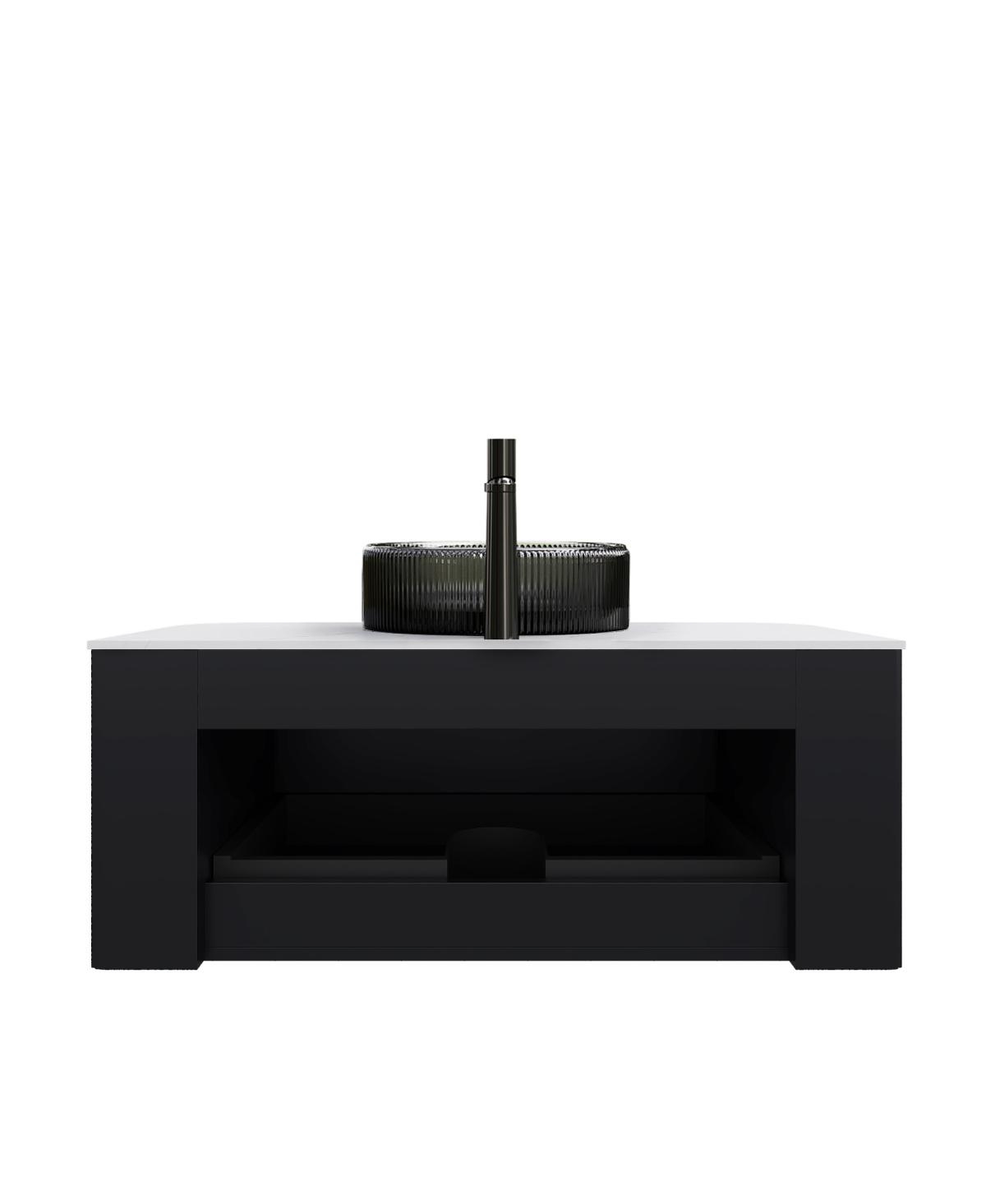 Sillysis Wall Mounted Bathroom Vanity with Glass Vessel Sink, 3D Stripe Plywood Cabinet, Soft Close Drawer