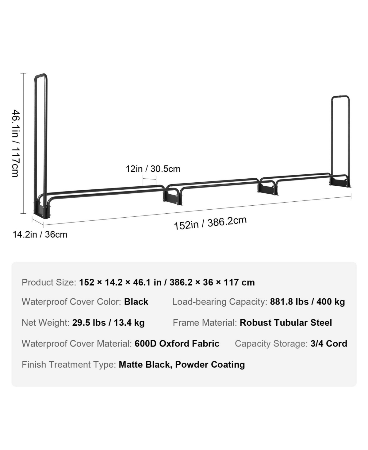 Cozito Firewood Rack with Water-Resistant Cover, 150 x 14 x 46 in Outdoor Holder, 1/2 Cord