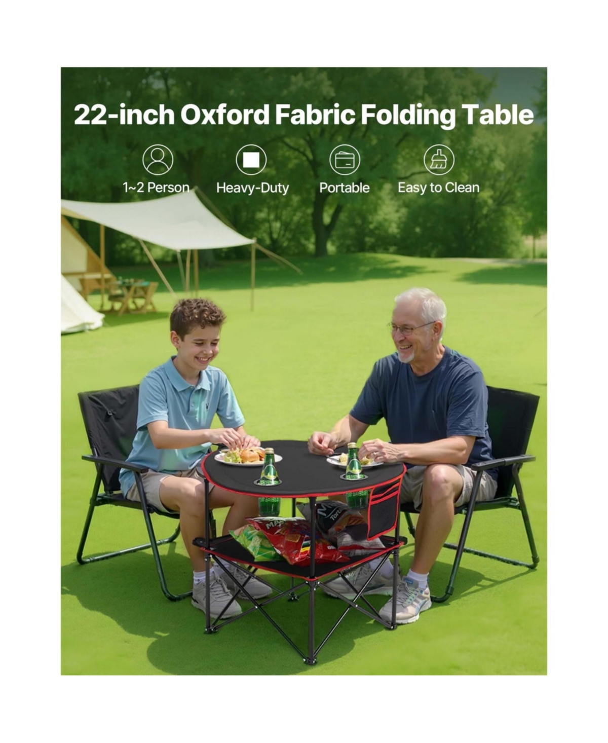 Yiortwo Folding Portable Camping Table Outdoor Picnic Round Table with 4 Cup Holders Storage Shelf and Side Pocket