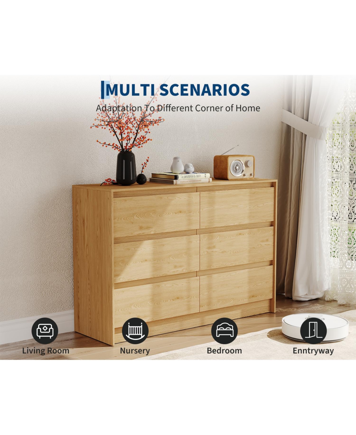 gaomon 6 Drawer Dresser, 47-Inch-Wide Chest of Drawers with Handle-Less Design,Storage Cabinet for Bedroom and Living Room