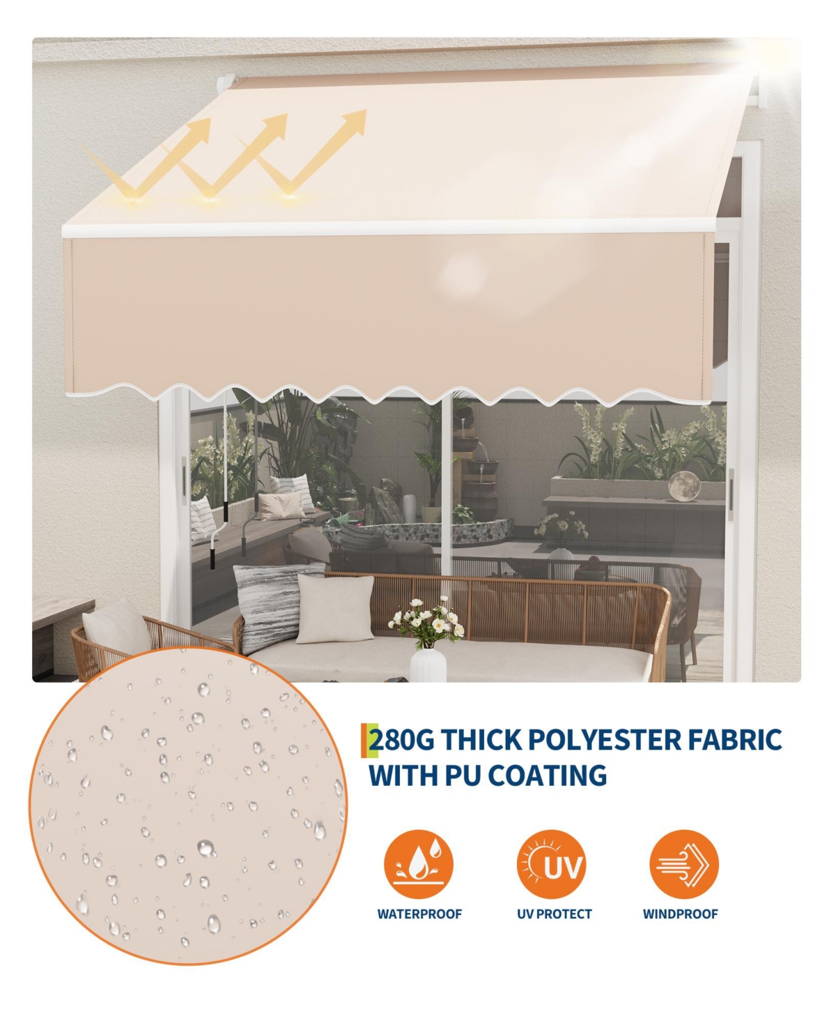 gaomon Manual Retractable Patio Awning with Crank Handle, Adjustable Shade and Aluminum Frame for Deck, Garden or Balcony