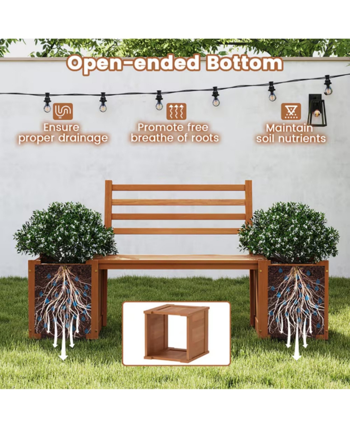 Yiortwo Outdoor Wooden Planter Bench with 2 Planter Boxes and Slatted Backrest