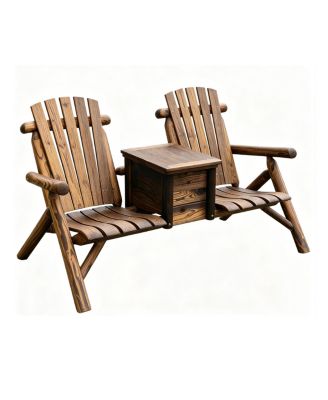 Double Adirondack Loveseat with Built-In Ice Bucket Table, Wooden Patio Chair