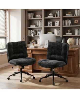 Set of 2 Home Office Chairs with Wheels, Armless Chenille Vanity Desk Chair, Double Cushion Wide Seat