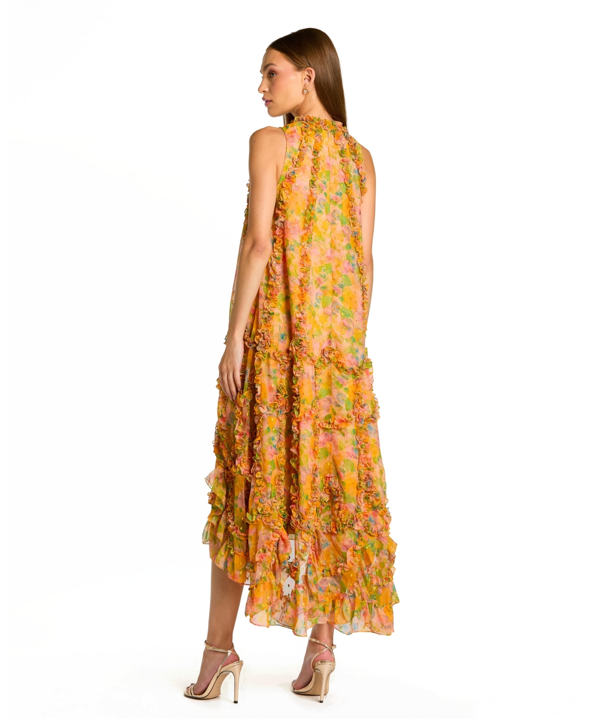 Mac Duggal Women's Floral Applique Tiered Ruffle High-Low Midi Dress
