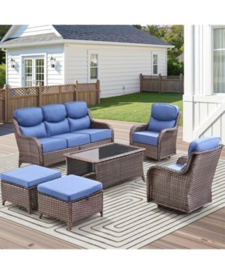 6 Pieces Outdoor Furniture Set Wicker Outdoor Sofa with Swivel Rocking Chairs,Patio Ottomans,Outdoor Coffee Table