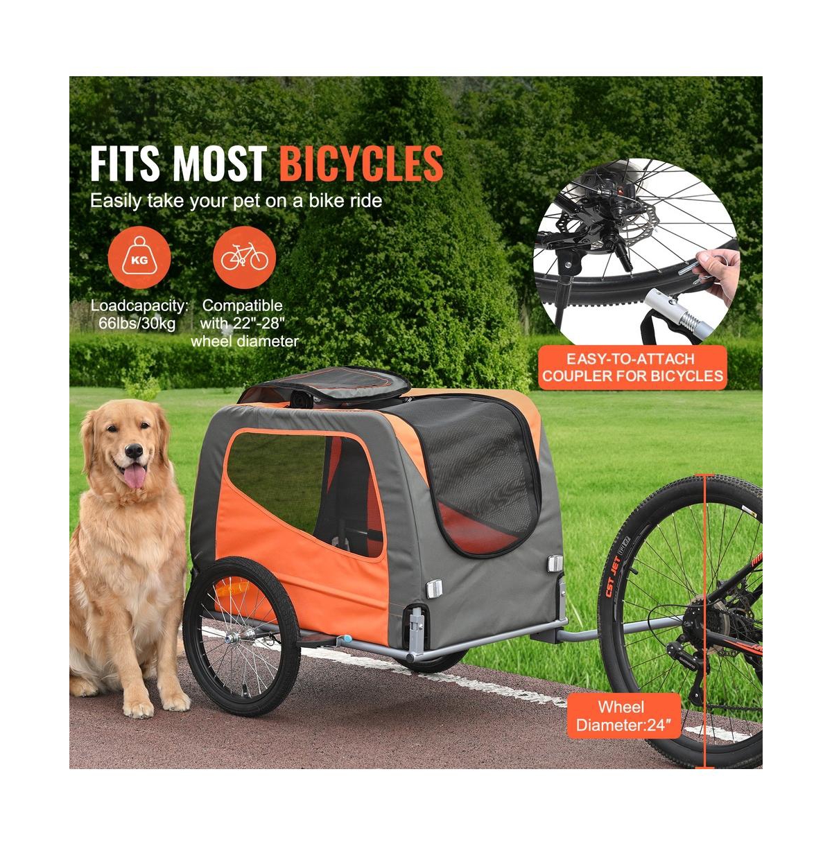 Ruie Foldable Dog Bike Trailer Pet Cart Bicycle Carrier Supports up to 66 lbs