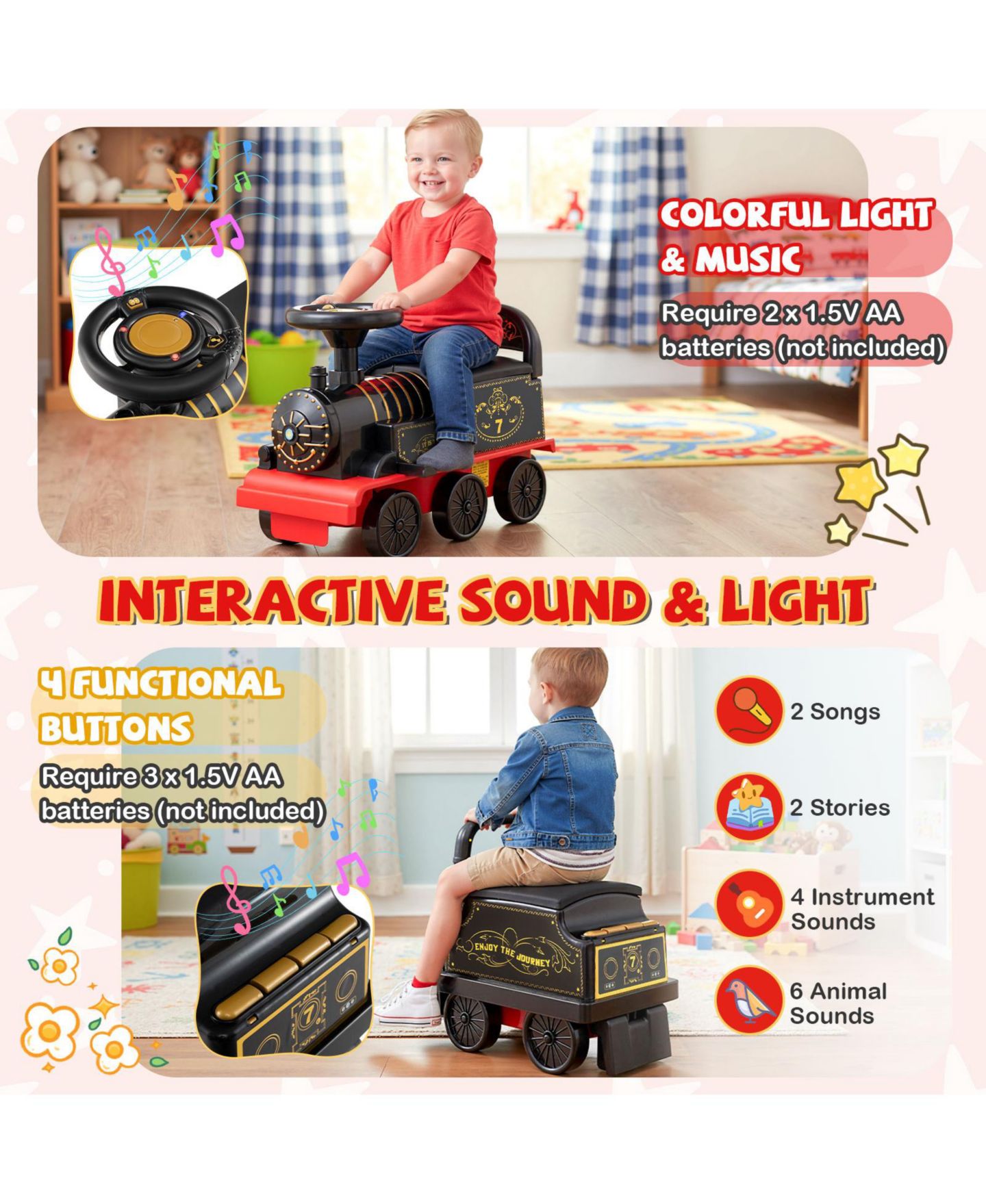 Детская игрушка Gymax Ride on Train 6V Battery Powered Ride on Toy with Under-Seat Storage and Carriage, цвет: Чёрный — фото 9