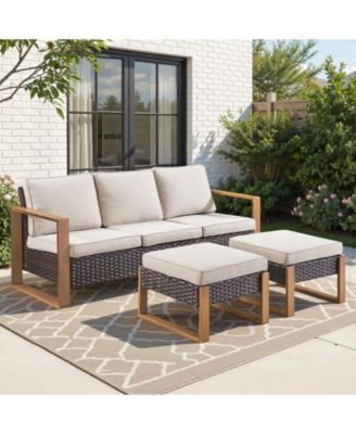 3 Pieces Patio Sofa with Ottomans, All-Weather PE Rattan Wicker Sofa Small Patio Conversation Couch with Cushion