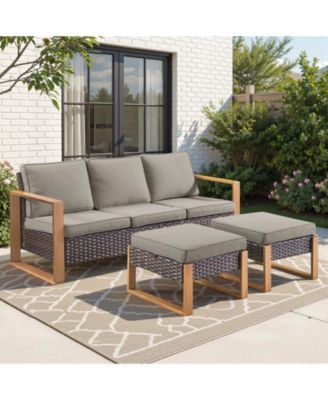 3 Pieces Patio Sofa with Ottomans, All-Weather PE Rattan Wicker Sofa Small Patio Conversation Couch with Cushion