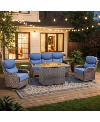 5 Pieces Patio Furniture Set with Fire Pit, Outdoor Wicker Sofa Couch with Swivel Chair, Cushion, High Back All Weather Conversation Set