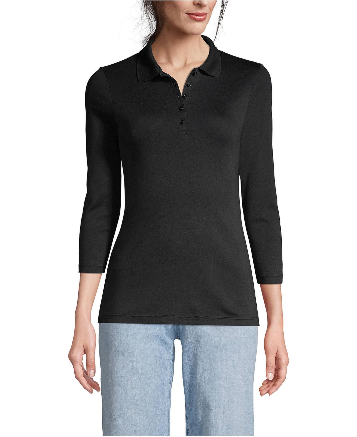 Женское поло Lands' End 3/4 Sleeve Supima Cotton Polo, цвет: Чёрный — фото 3