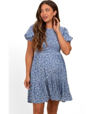 Maternity Blue Floral Puff Sleeve Smocked Dress