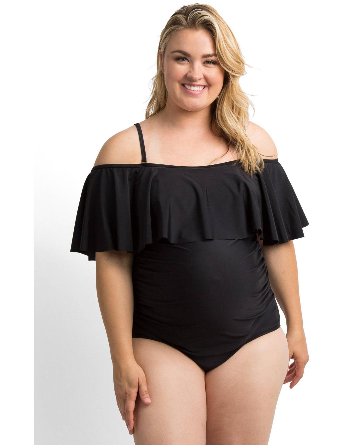 PinkBlush Women's Ruffle Trim Ruched One-Piece Maternity Plus Swimsuit