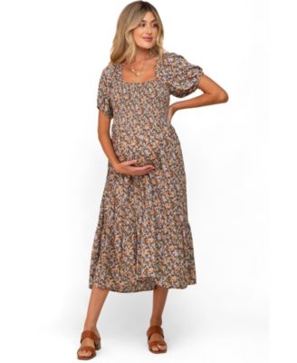 Maternity Mocha Floral Smocked Puff Sleeve Midi Dress