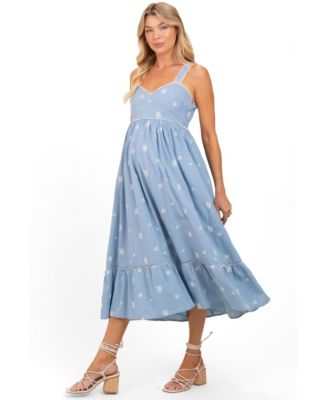 Women's Light Blue Vintage Floral Smocked Midi Dress
