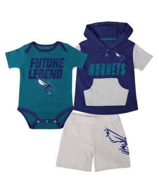 Baby Boys and Girls Teal/Purple/Gray Charlotte Hornets Bank Shot Bodysuit, Hoodie T-Shirt and Shorts Set