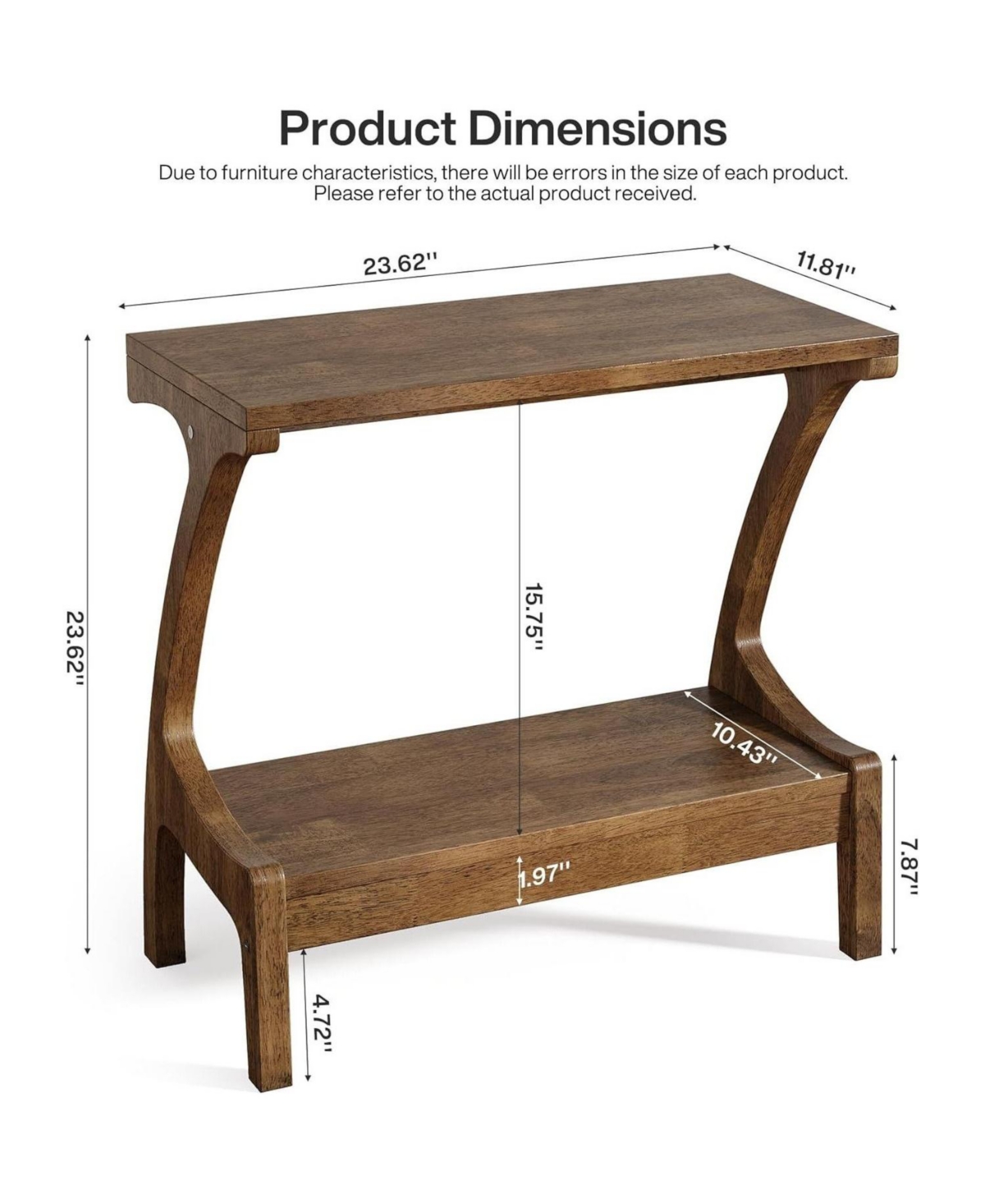 Slickblue Narrow Solid Wood Side Table with Open 2 Tier Storage