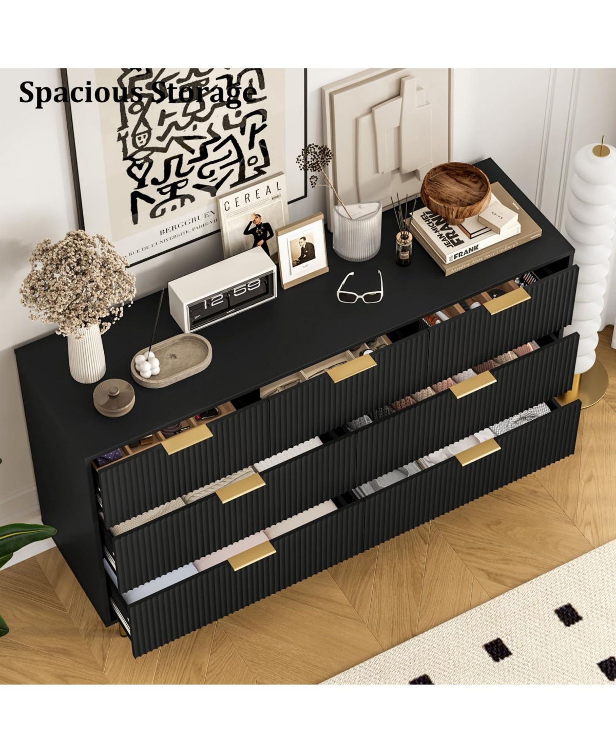 homfan Modern Fluted 7 Drawer Dresser - Wide Wooden Chest for Bedroom, Living Room, Closet, Hallway Contemporary Storage Organizer